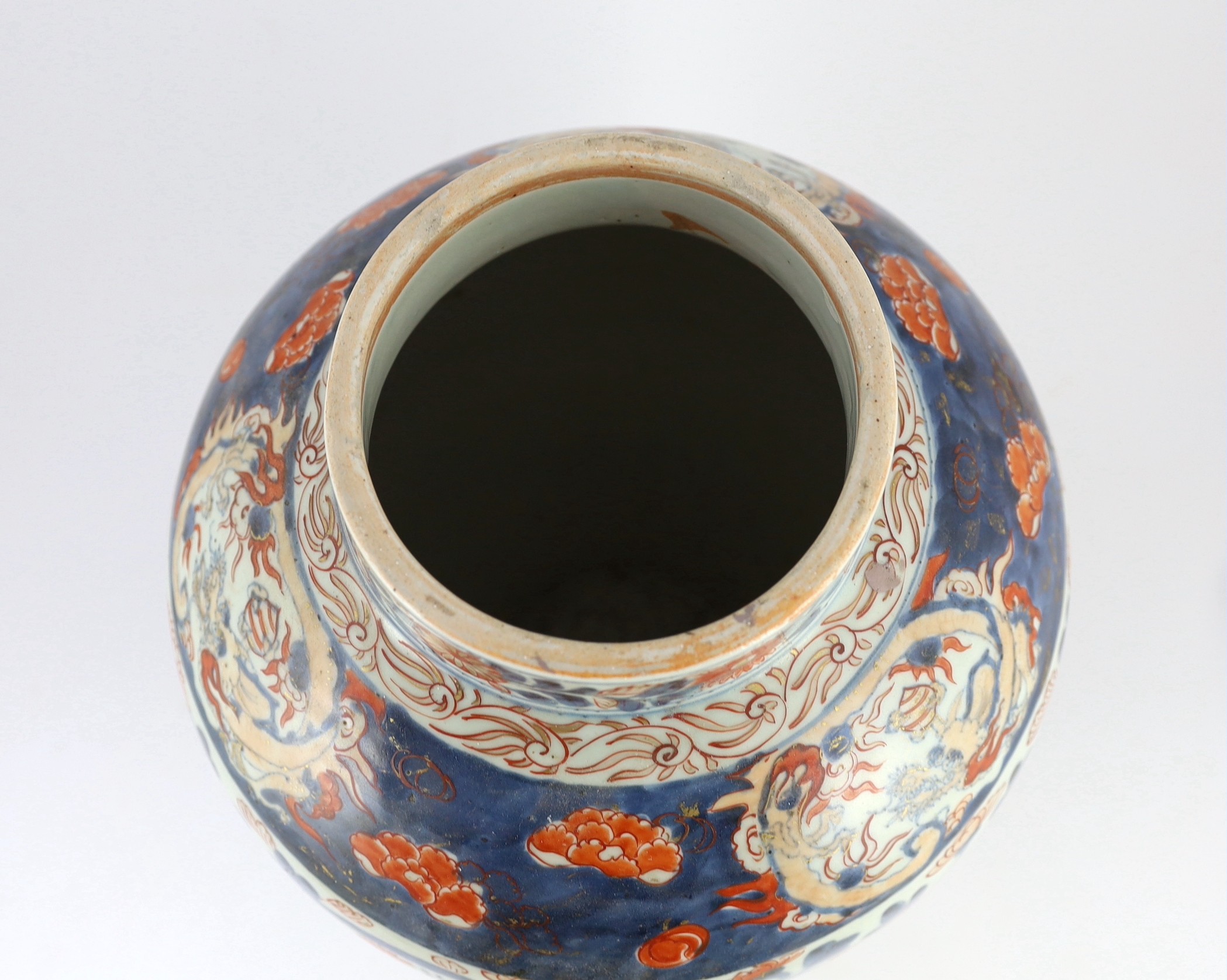 A large Japanese Arita ovoid vase, 18th century, 43.5cm high, cracks